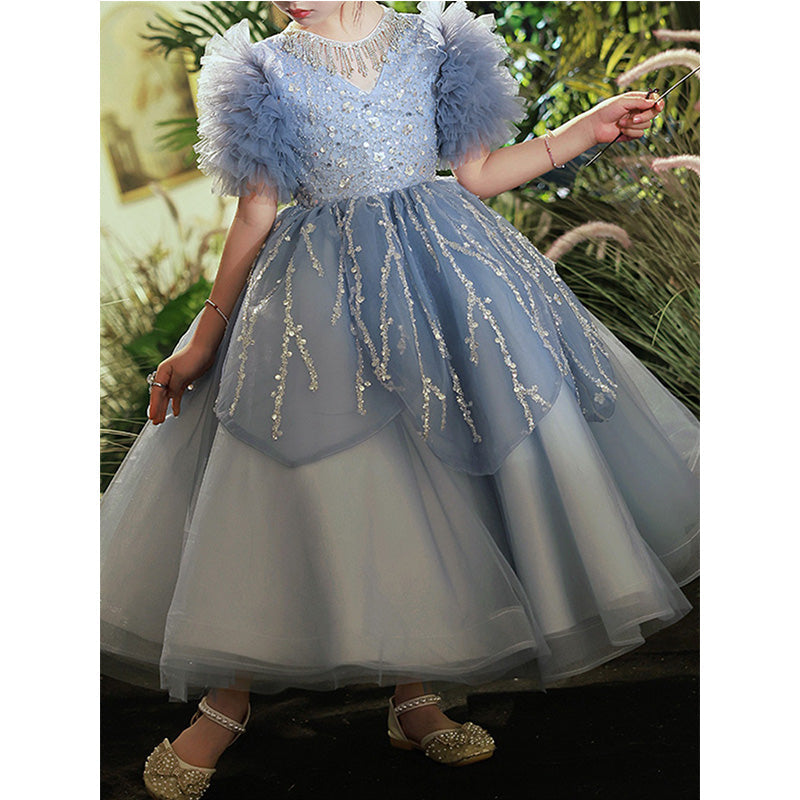 Sparkling Dusty Blue A-Line Flower Girl Dress | Sequins & Ruffles
