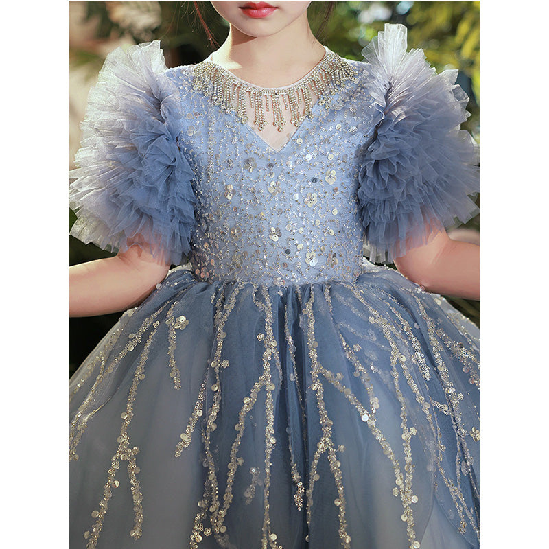 Sparkling Dusty Blue A-Line Flower Girl Dress | Sequins & Ruffles