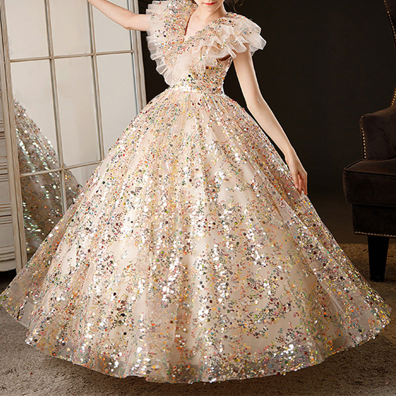 Gold Sequined A-Line Flower Girl Dress | Cap Sleeve V-Neck Mia Princess Gold Sequined A-Line Flower Girl Dress | Cap Sleeve V-Neck Mia Princess