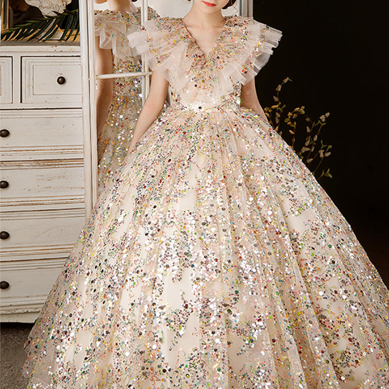 Sparkling Gold A-Line Flower Girl Dress with Sequins