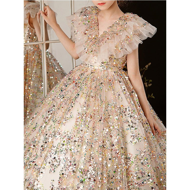 Sparkling Gold A-Line Flower Girl Dress with Sequins