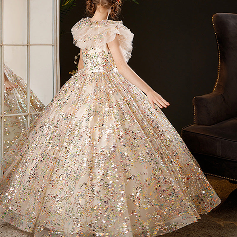 Sparkling Gold A-Line Flower Girl Dress with Sequins