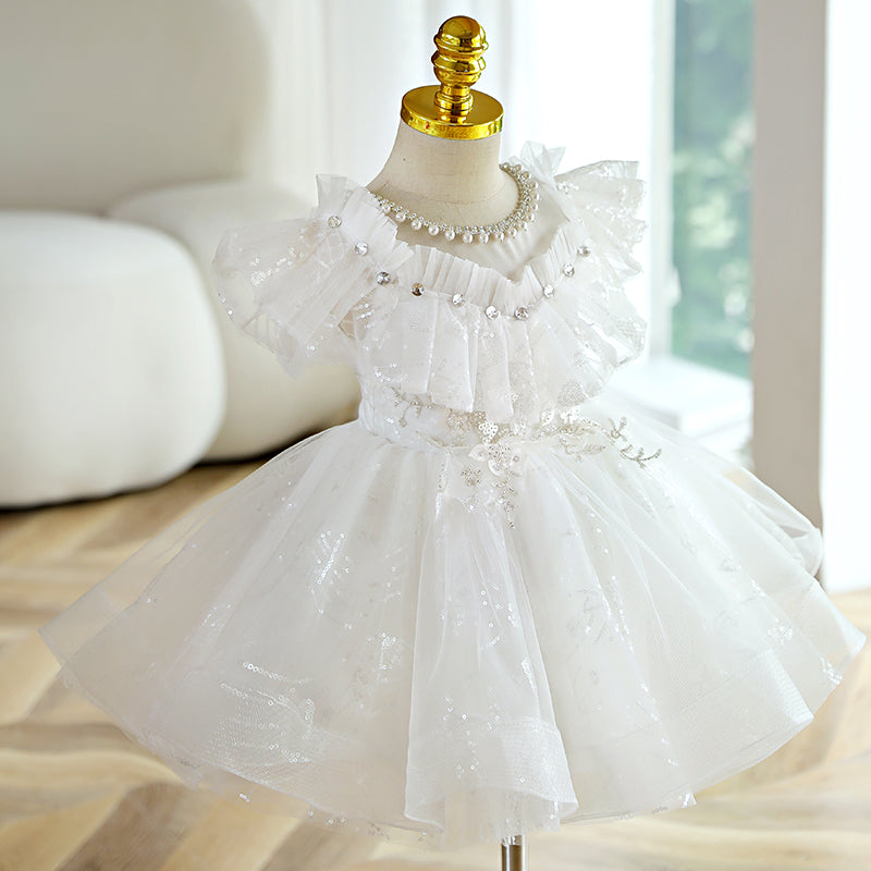 Sparkling White A-Line Flower Girl Dress | Sequins & Puff Sleeves