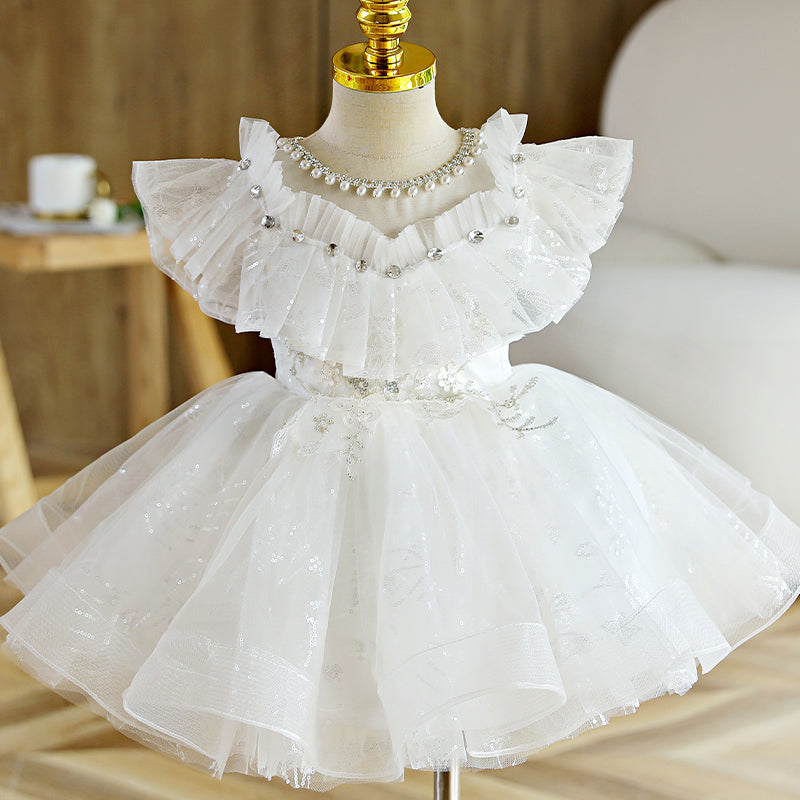 Sparkling White A-Line Flower Girl Dress | Sequins & Puff Sleeves