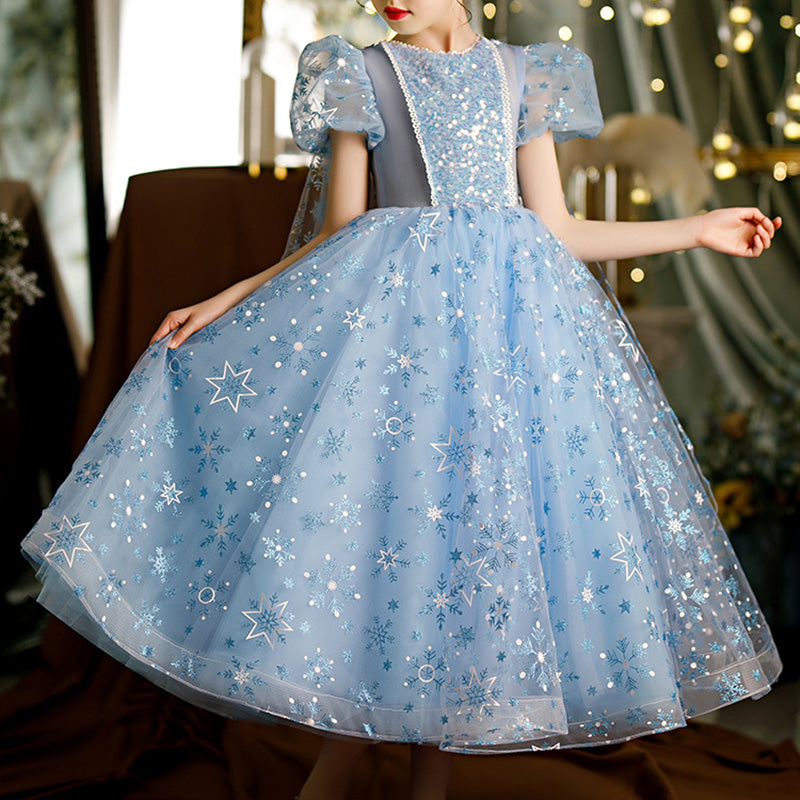 Sparkly A-Line Sequin Flower Girl Dress with Puff Sleeves
