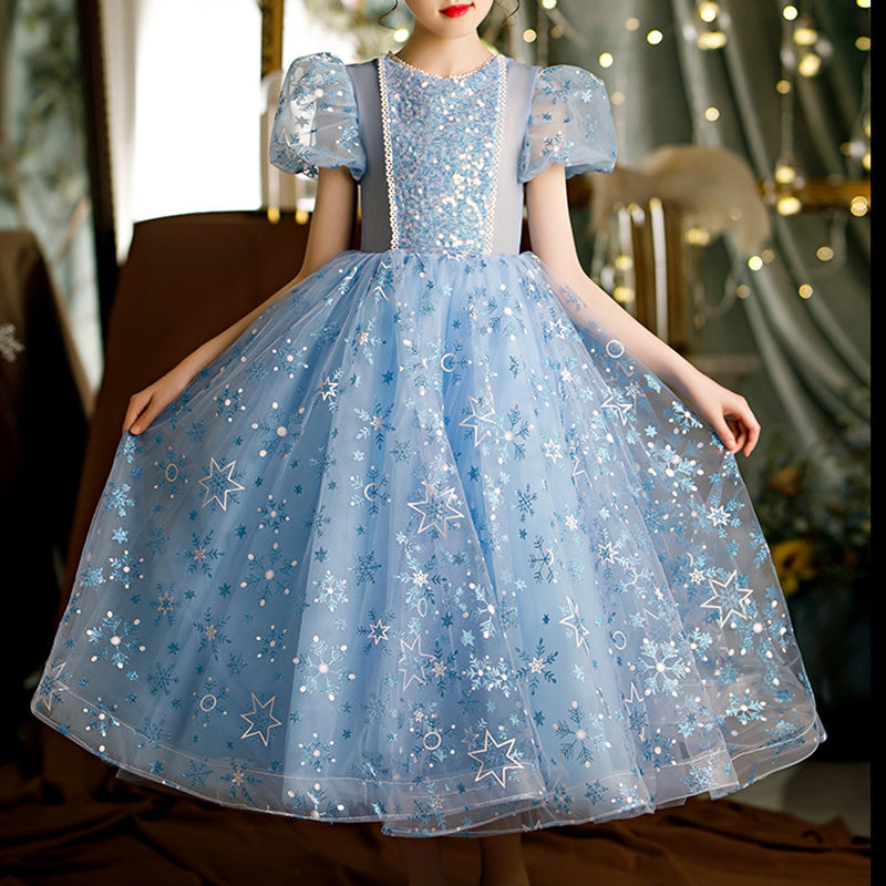 Sparkly A-Line Sequin Flower Girl Dress with Puff Sleeves
