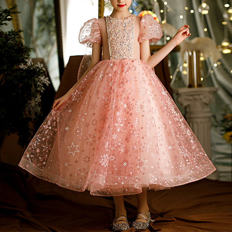 Sparkly A-Line Sequin Flower Girl Dress with Puff Sleeves
