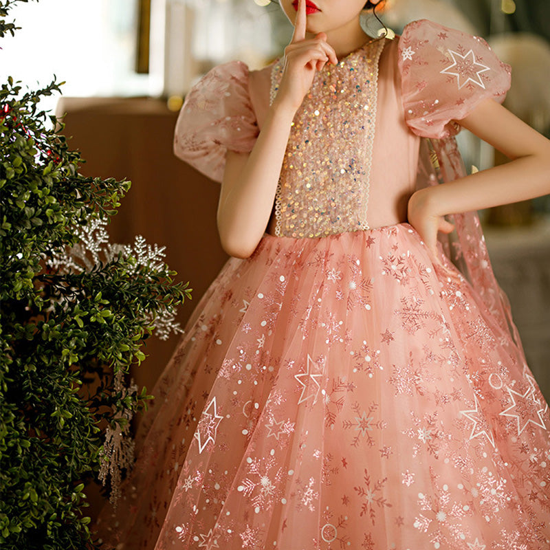 Sparkly A-Line Sequin Flower Girl Dress with Puff Sleeves