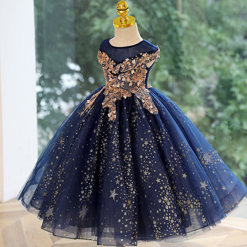 Stunning Royal Blue A-Line Flower Girl Dress | Sequins & Lace