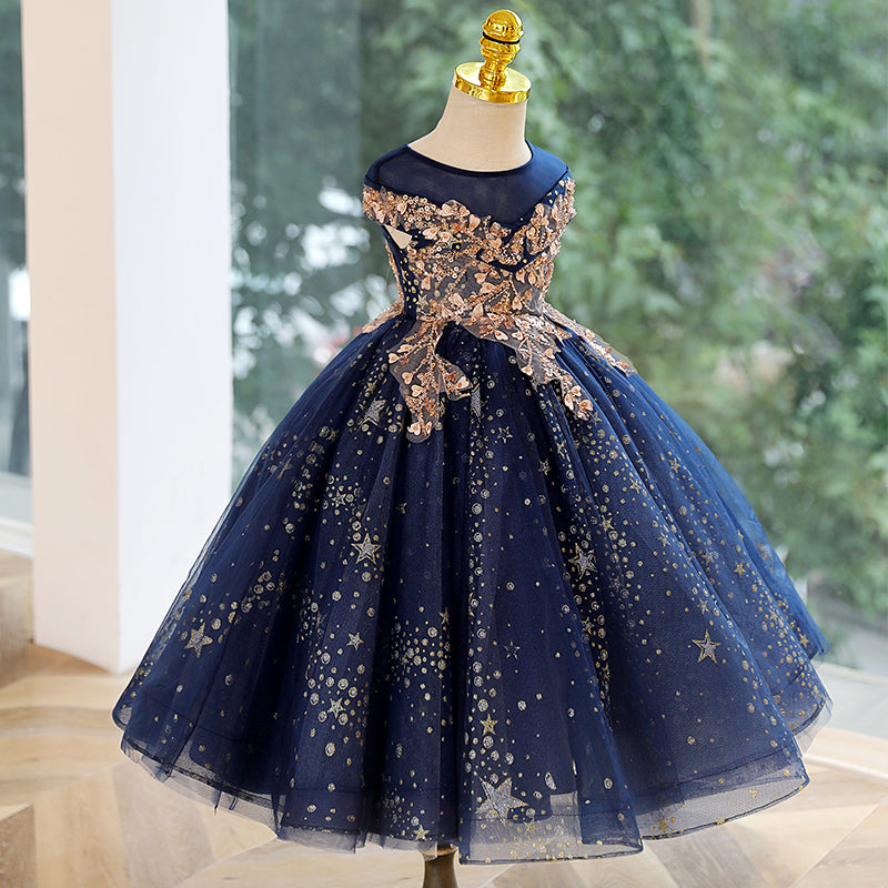 Stunning Royal Blue A-Line Flower Girl Dress | Sequins & Lace