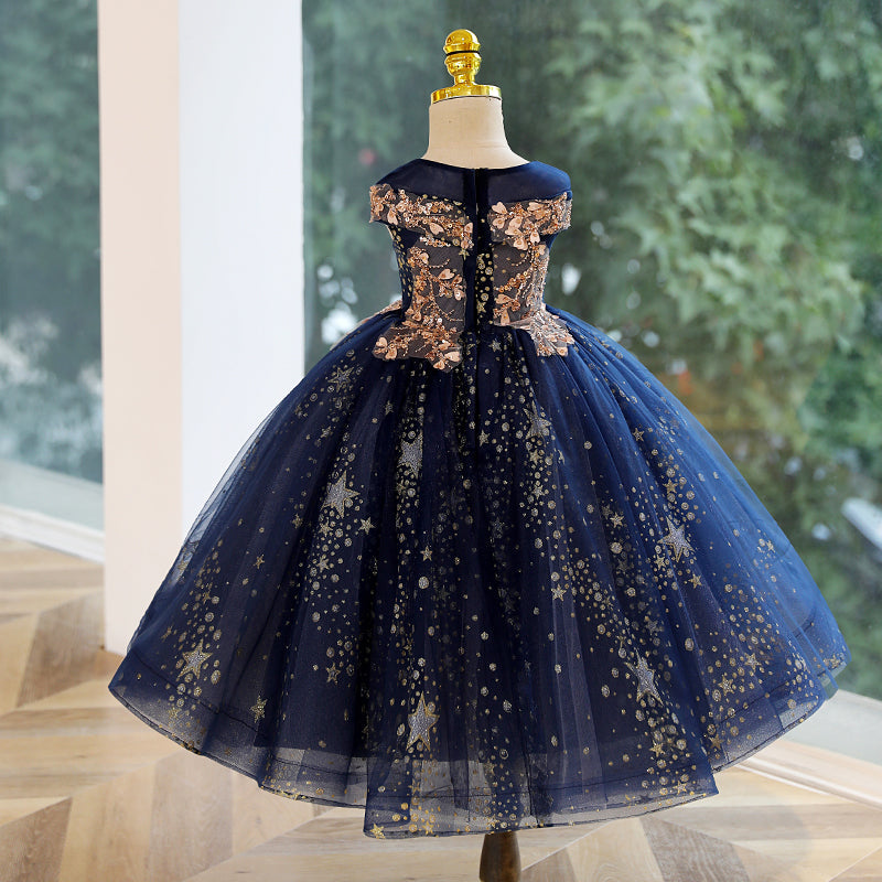 Stunning Royal Blue A-Line Flower Girl Dress | Sequins & Lace