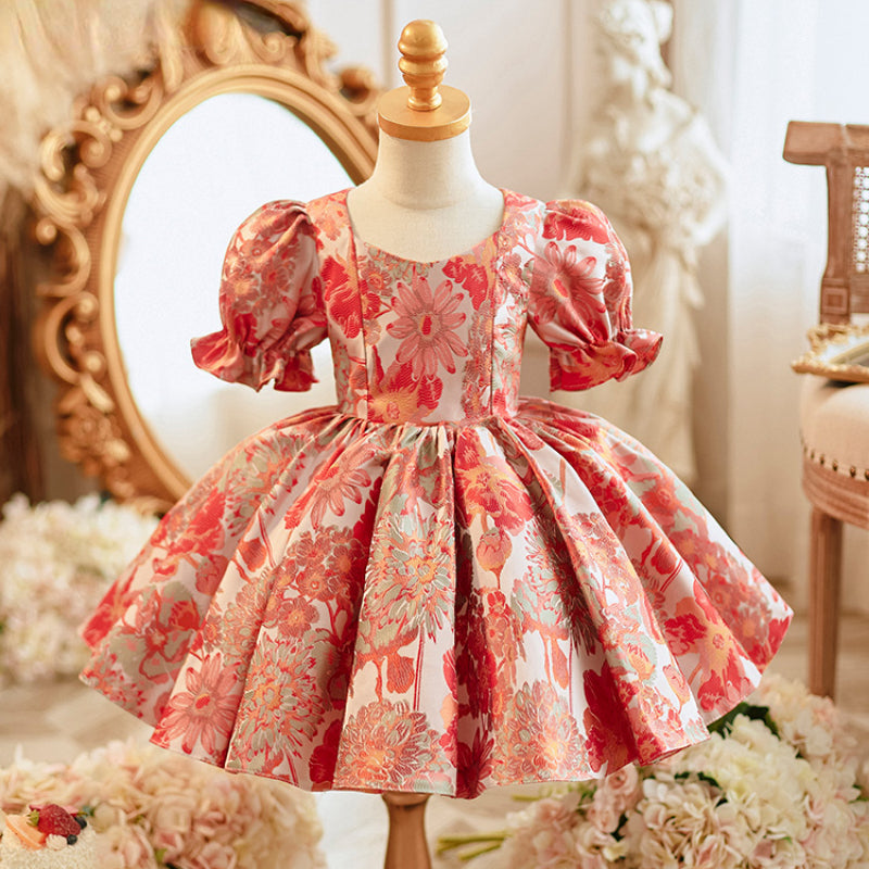 Baby Girl Sweet Embroidered Ball Gown Dress – Floral Print & Bow Satin
