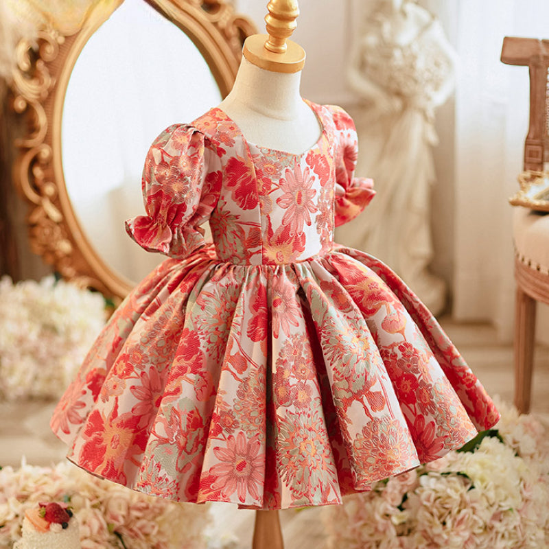 Baby Girl Sweet Embroidered Ball Gown Dress – Floral Print & Bow Satin