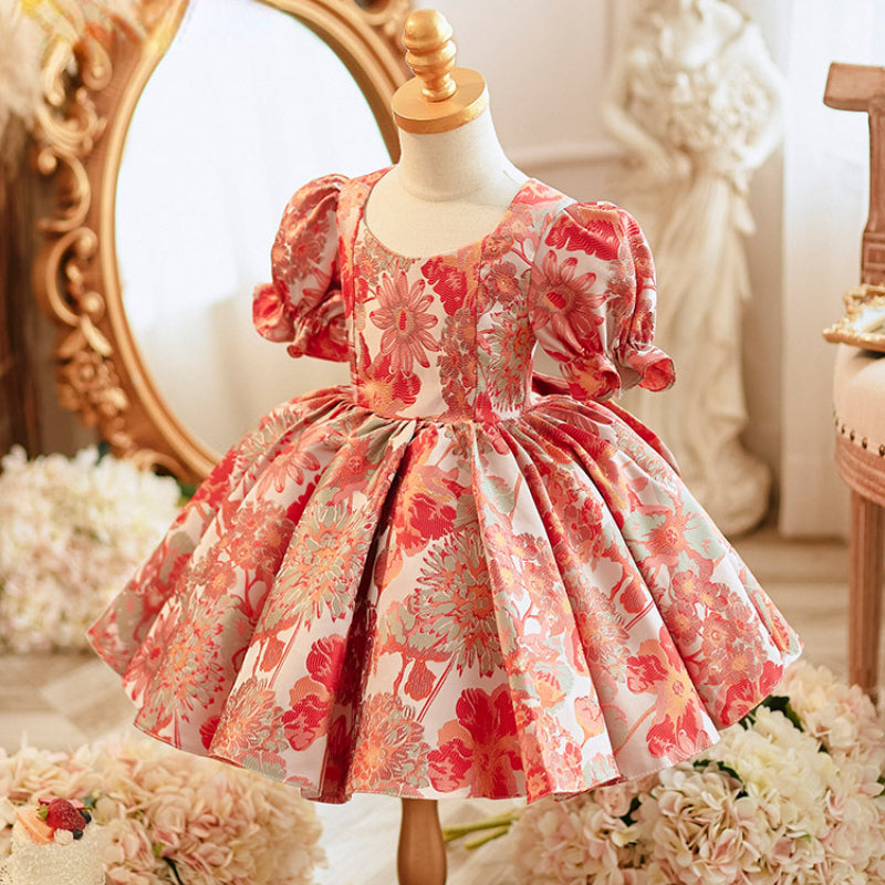 Baby Girl Sweet Embroidered Ball Gown Dress – Floral Print & Bow Satin