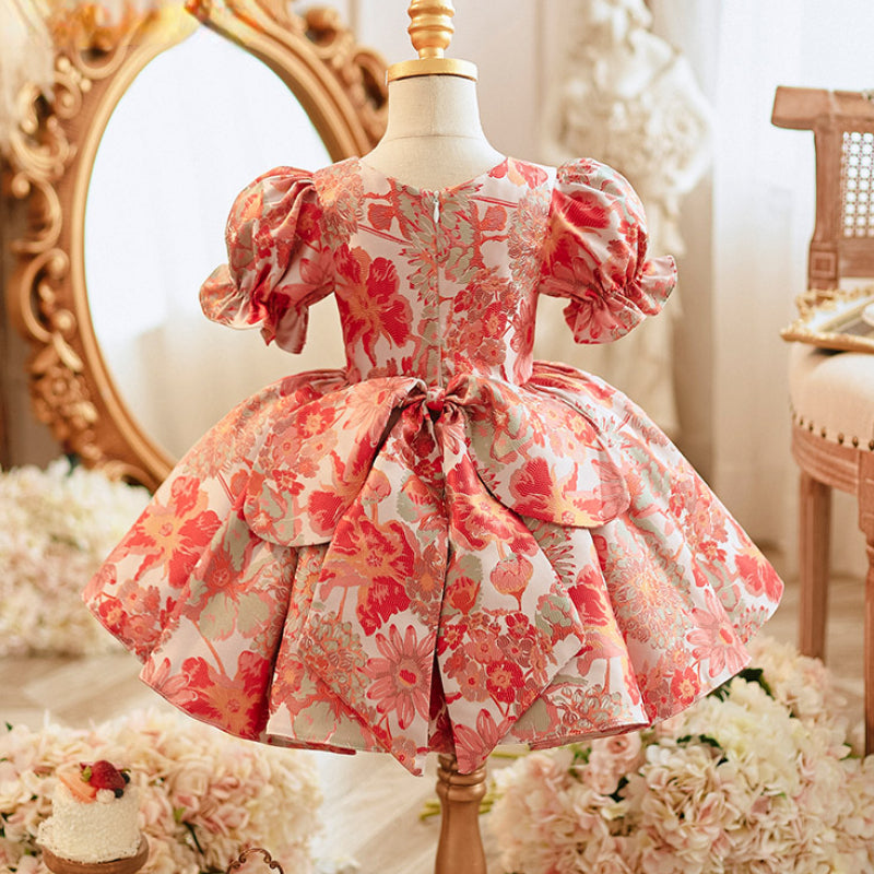 Baby Girl Sweet Embroidered Ball Gown Dress – Floral Print & Bow Satin