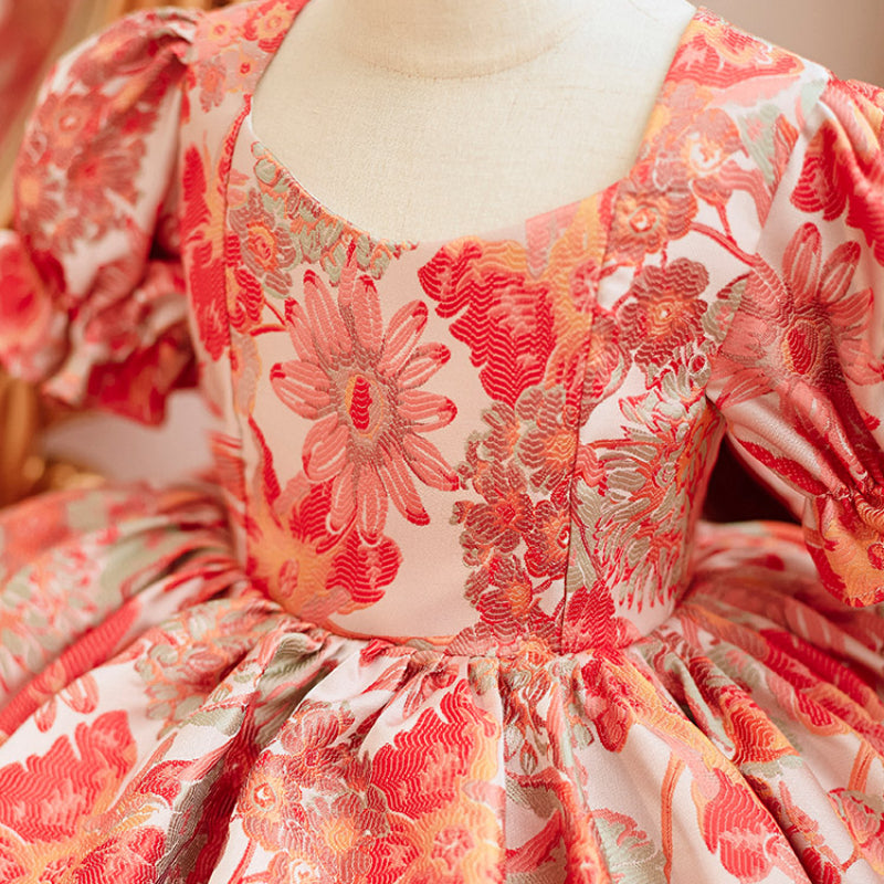 Baby Girl Sweet Embroidered Ball Gown Dress – Floral Print & Bow Satin