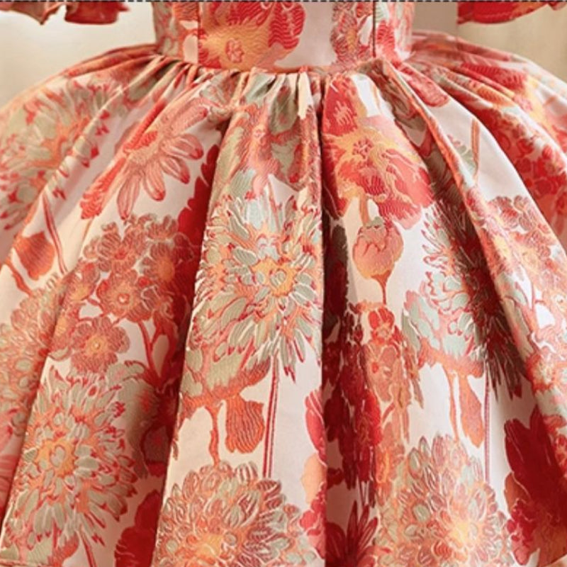 Baby Girl Sweet Embroidered Ball Gown Dress – Floral Print & Bow Satin