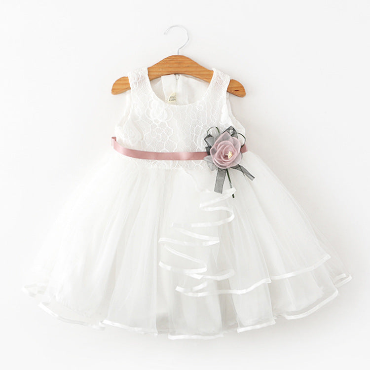 Tea Length Princess Flower Girl Dress with Lace and Flower Embellishments