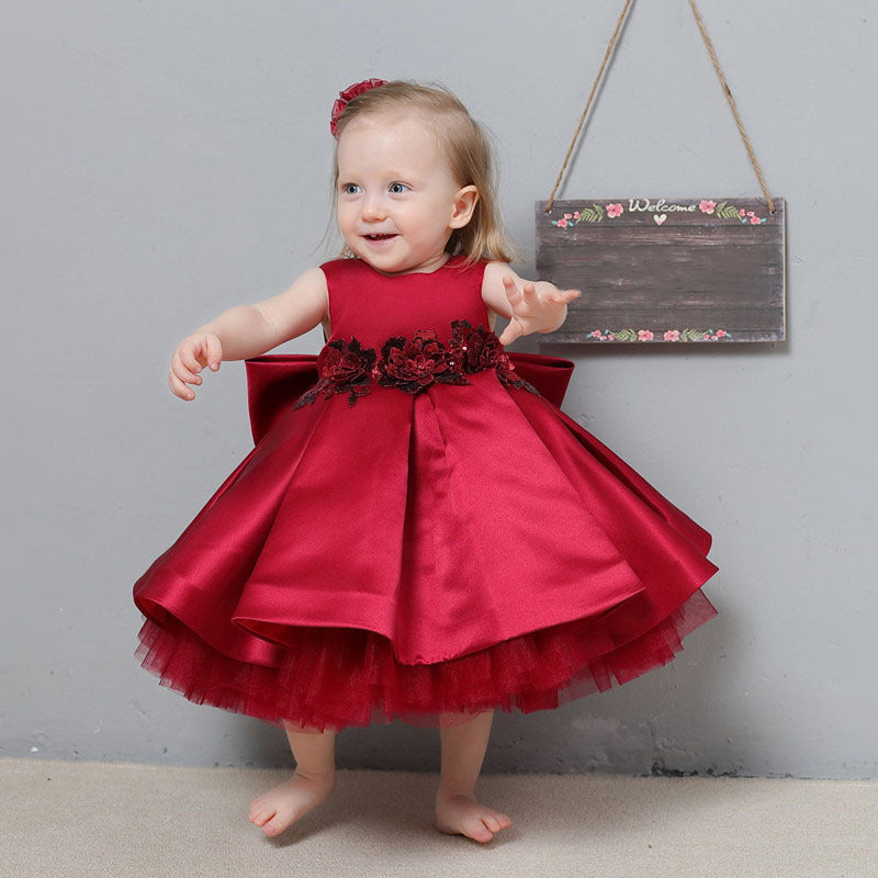 Tea Length Satin Princess Flower Girl Dress with Lace and Ruffle