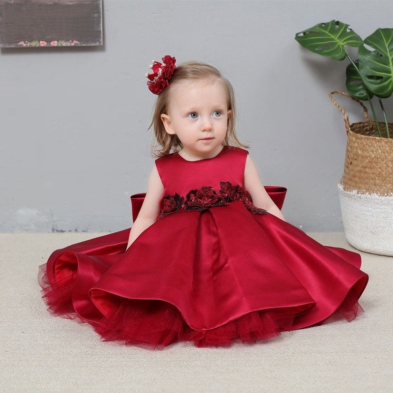 Tea Length Satin Princess Flower Girl Dress with Lace and Ruffle