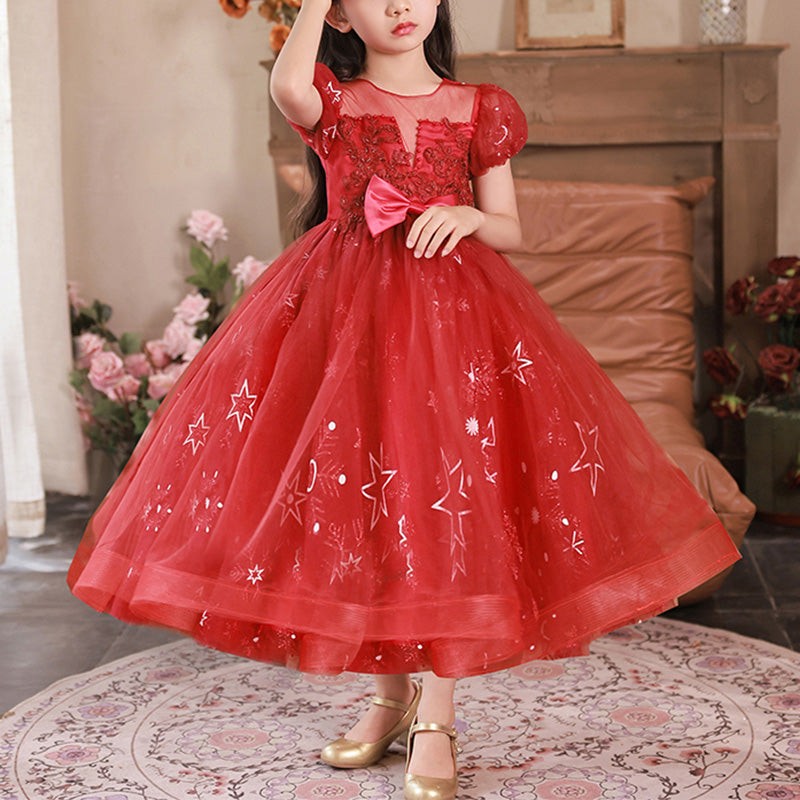Tulle A-Line Flower Girl Dress Lace Sequin Puff Sleeve Tea