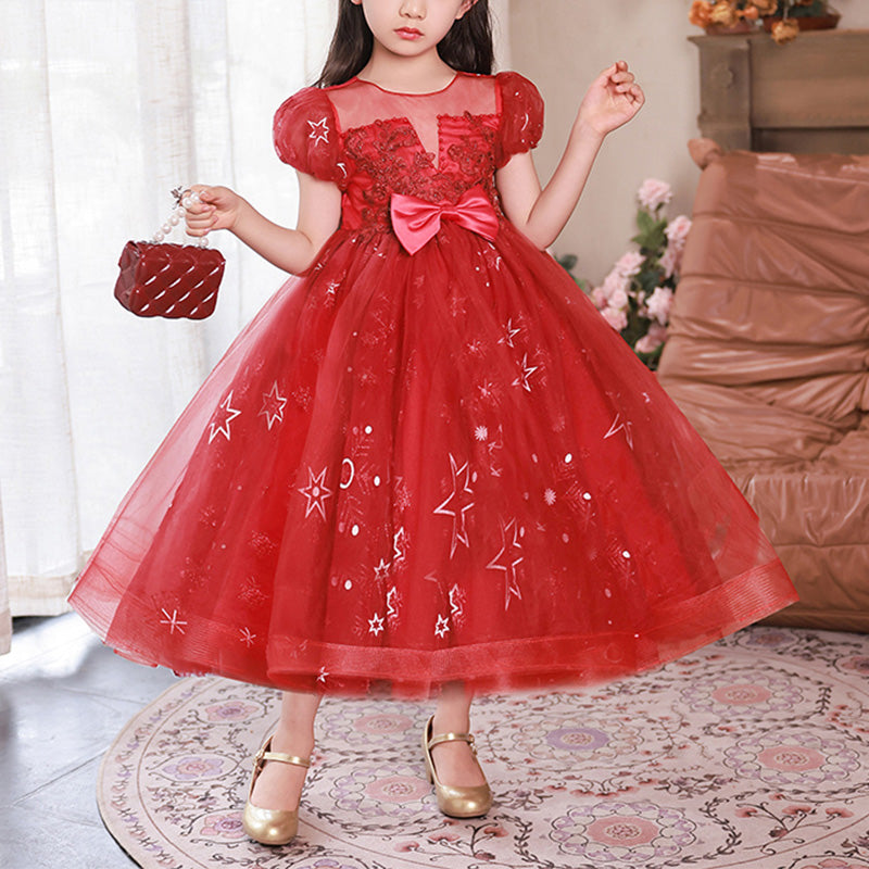 Tulle A-Line Flower Girl Dress Lace Sequin Puff Sleeve Tea