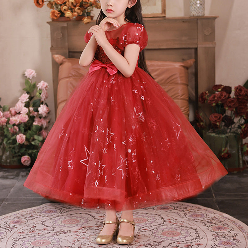 Tulle A-Line Flower Girl Dress Lace Sequin Puff Sleeve Tea