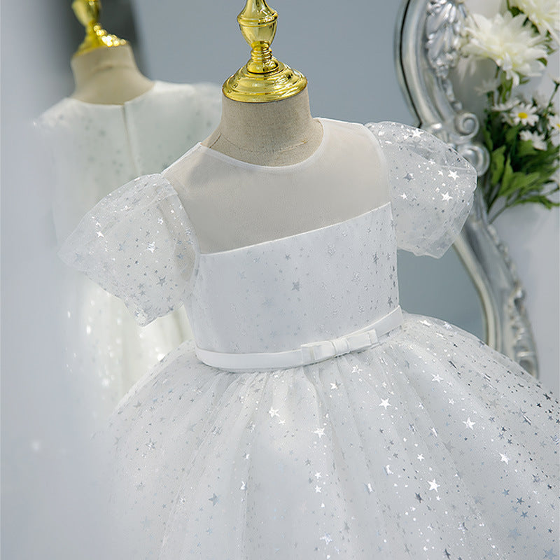 Tulle Tea Length Flower Girl Dress: Sequins & Puff Sleeves