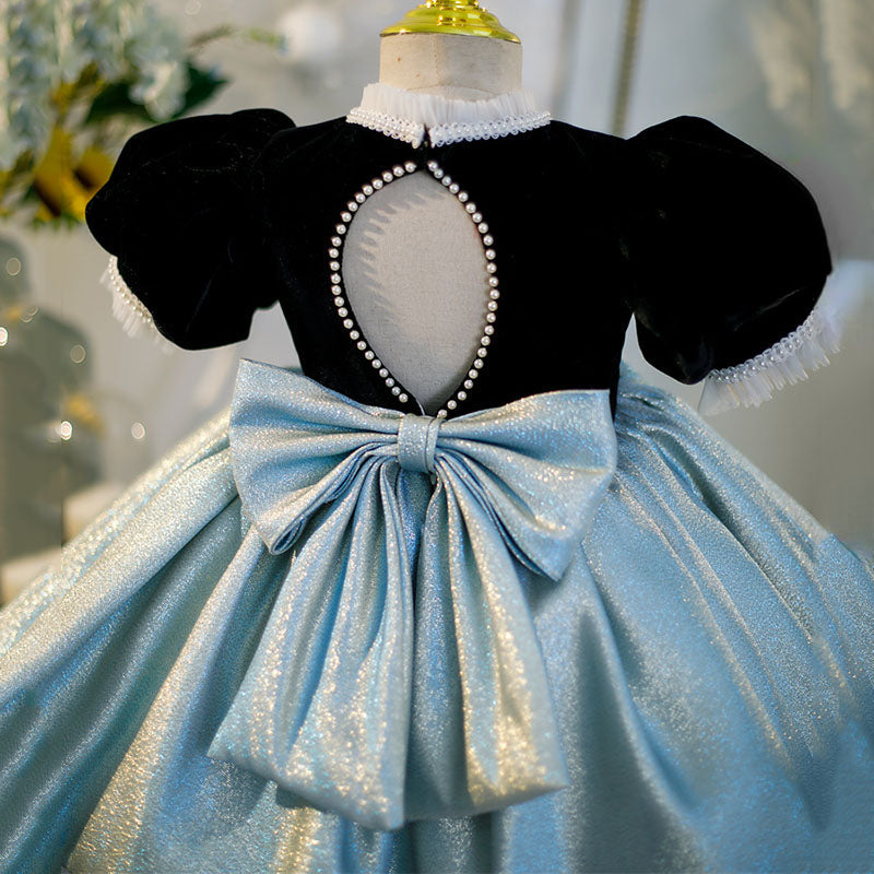 Velvet Princess Dress for Girls, Beaded Neckline & Bow • Special Occasion
