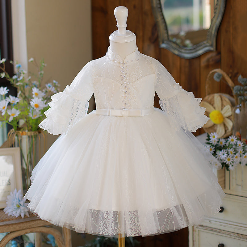 White A-Line Flower Girl Dress - Lace, Tulle & Bell Sleeves