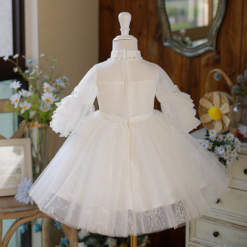 White A-Line Flower Girl Dress - Lace, Tulle & Bell Sleeves