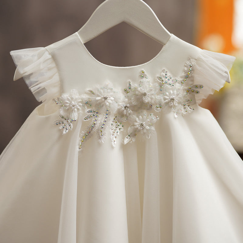 White A-Line Flower Girl Dress with Lace & Cap Sleeves
