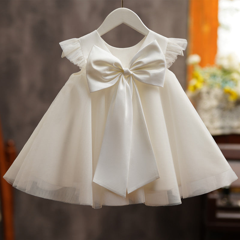 White A-Line Flower Girl Dress with Lace & Cap Sleeves