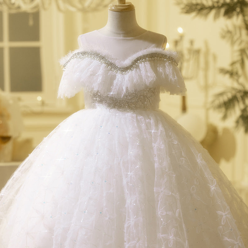 White A-Line Princess Flower Girl Dress – Lace & Tulle