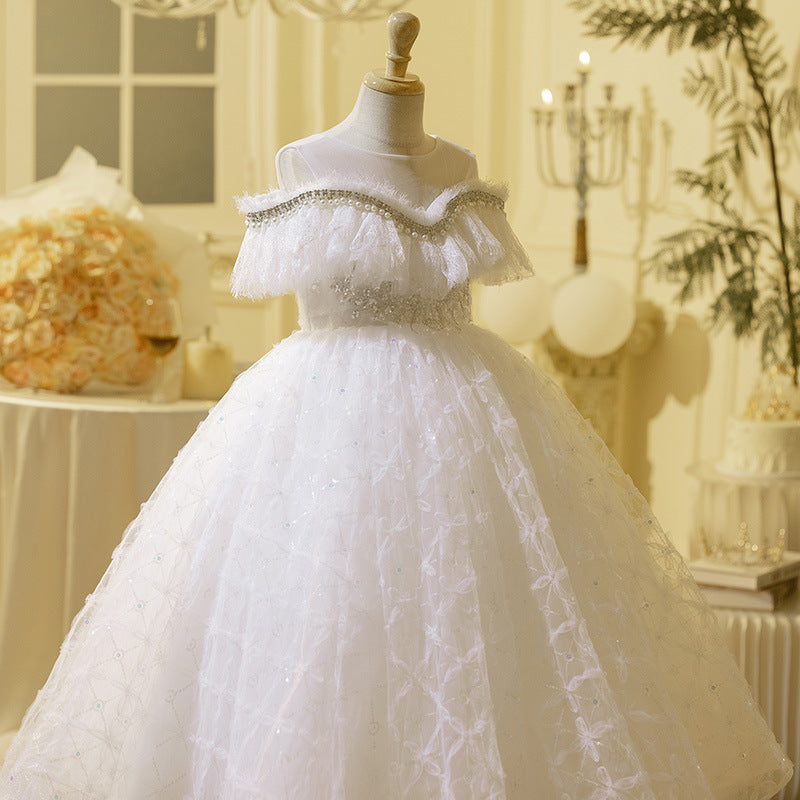White A-Line Princess Flower Girl Dress – Lace & Tulle