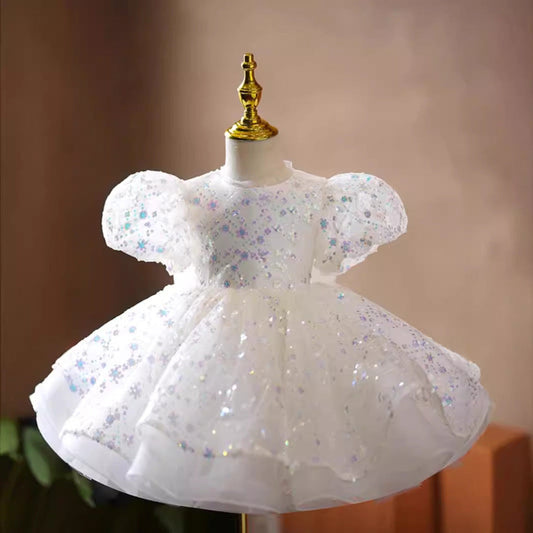 White A-Line Princess Flower Girl Dress – Tulle & Sequins