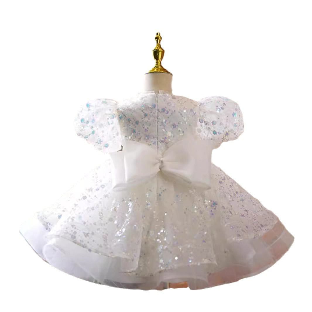 White A-Line Princess Flower Girl Dress – Tulle & Sequins