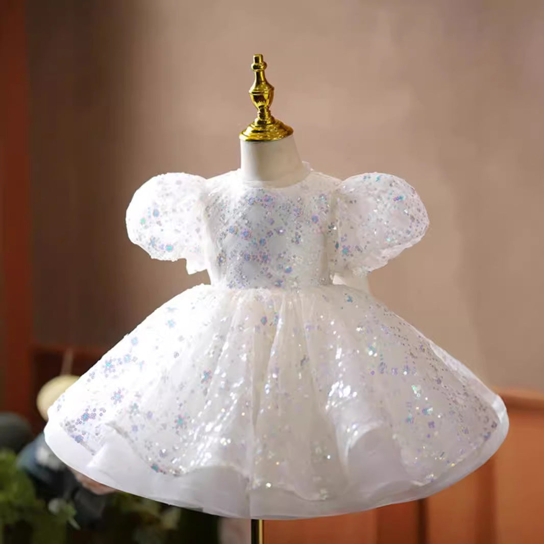 White A-Line Princess Flower Girl Dress – Tulle & Sequins