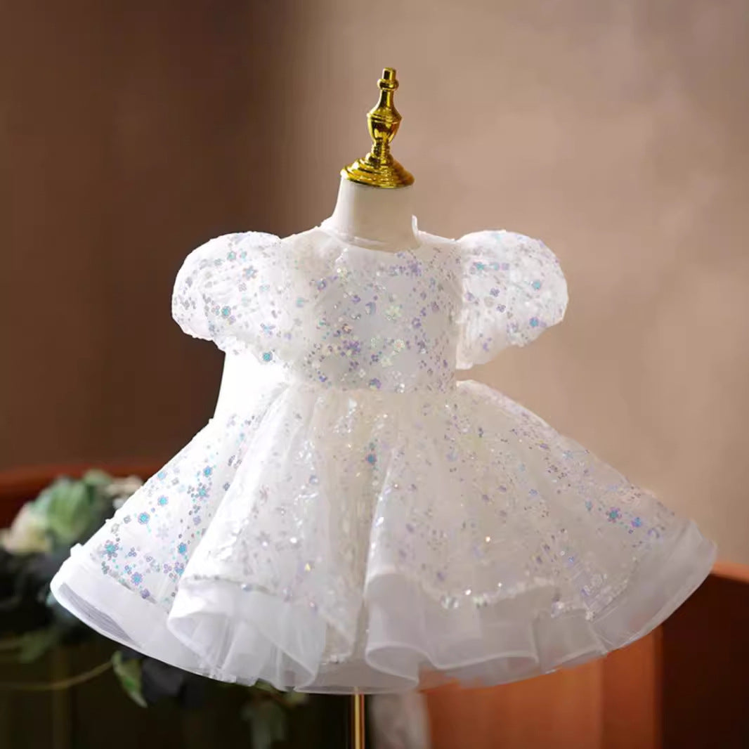 White A-Line Princess Flower Girl Dress – Tulle & Sequins