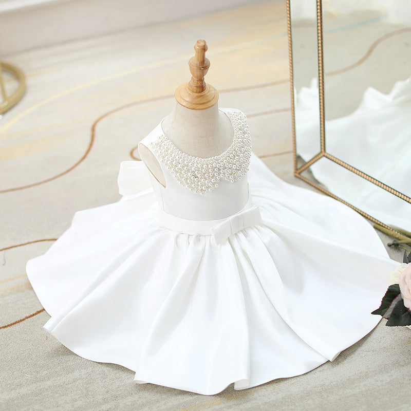 White A-Line Satin Flower Girl Dress with Beading and Bow