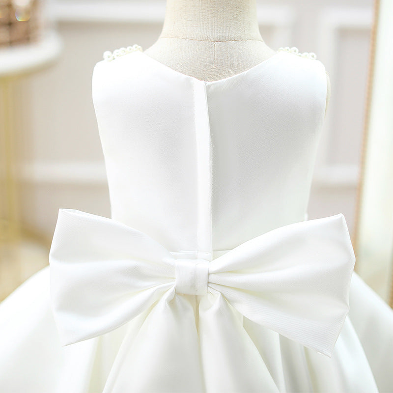 White A-Line Satin Flower Girl Dress with Beading and Bow