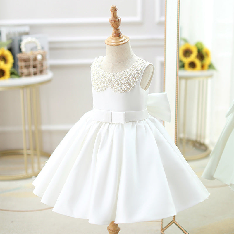 White A-Line Satin Flower Girl Dress with Beading and Bow