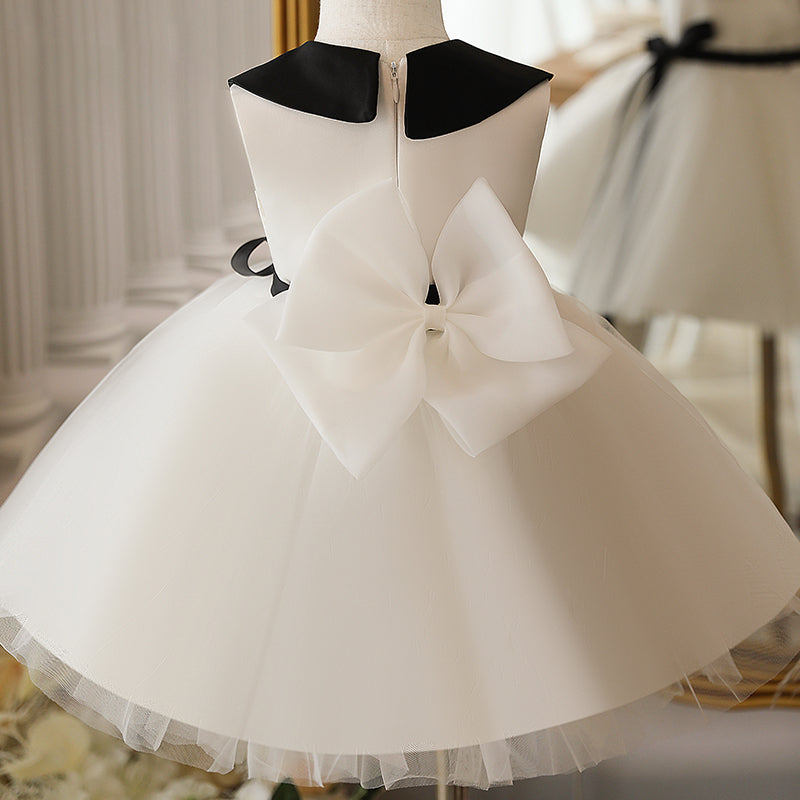 White A-line Tea-Length Flower Girl Dress with Collared Neck