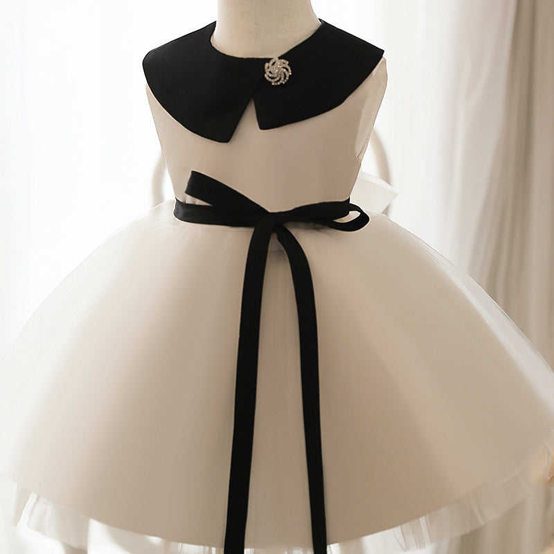 White A-line Tea-Length Flower Girl Dress with Collared Neck