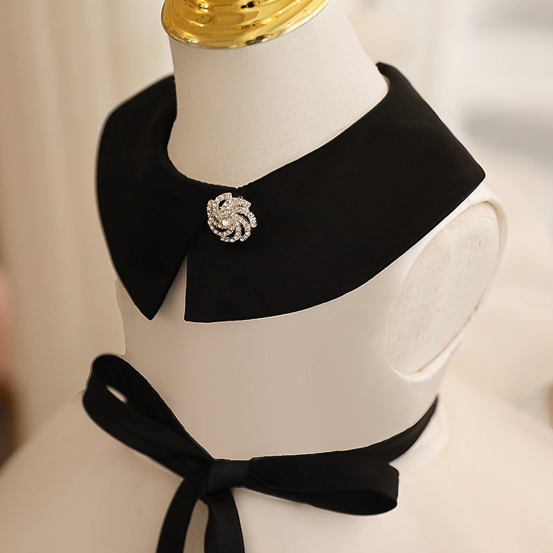 White A-line Tea-Length Flower Girl Dress with Collared Neck