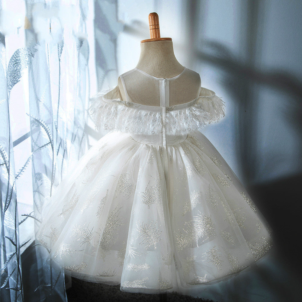 White A-Line Tea-Length Flower Girl Dress with V-Neck and Ruffles
