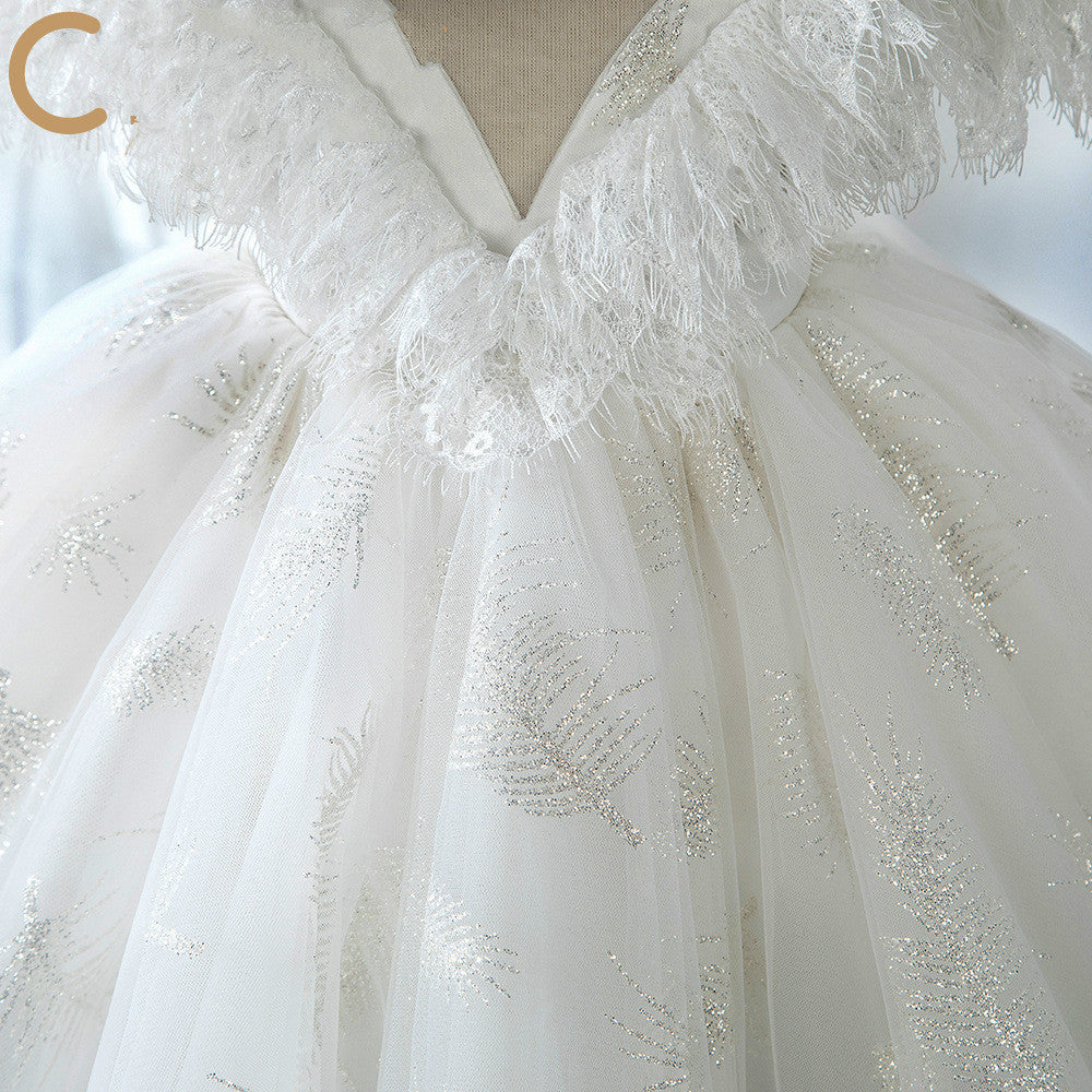White A-Line Tea-Length Flower Girl Dress with V-Neck and Ruffles