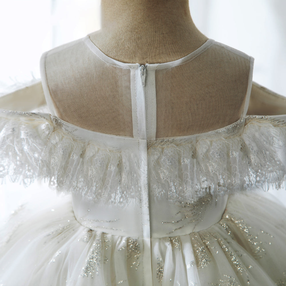 White A-Line Tea-Length Flower Girl Dress with V-Neck and Ruffles