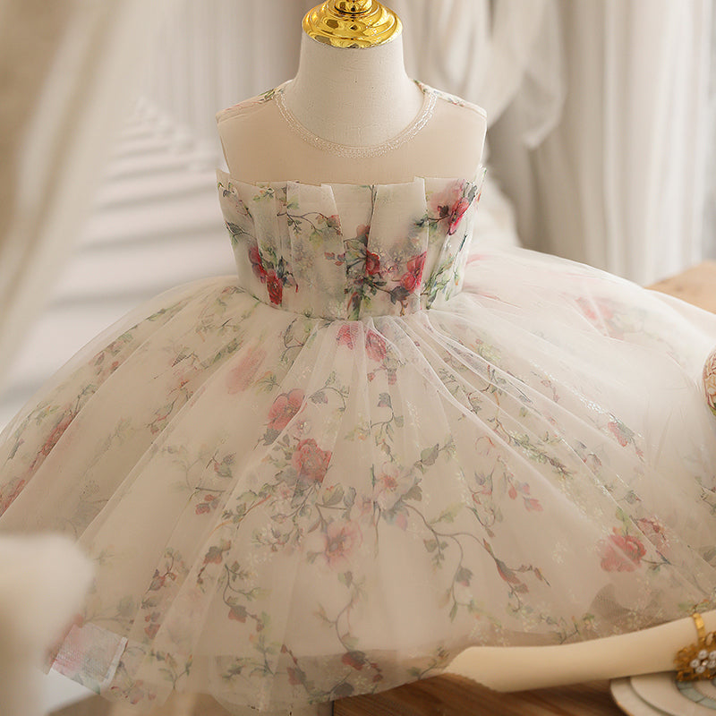 White A-line Tulle Flower Girl Dress with Floral Detail