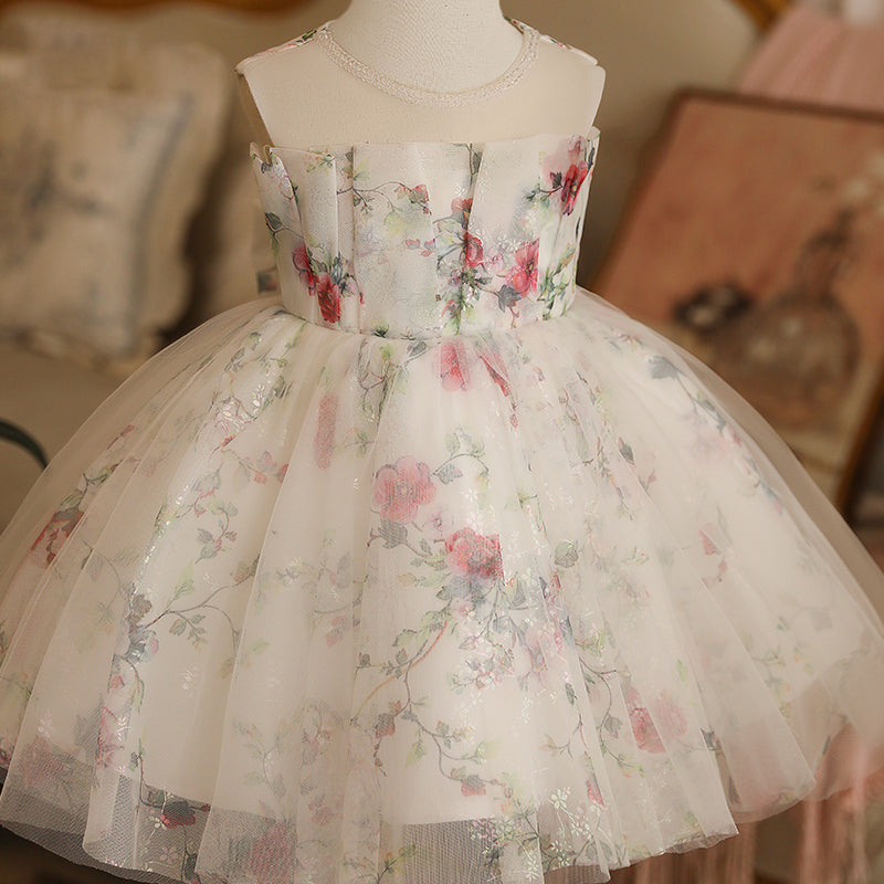 White A-line Tulle Flower Girl Dress with Floral Detail